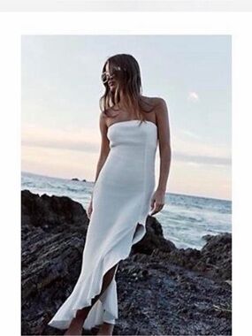 FP Made Me Blush Midi Strapless Gauzy Cotton Strapless Slit White Dress